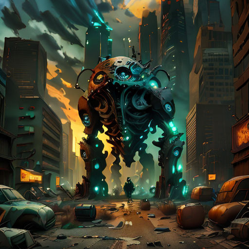 a robot in a city with a huge city in the background and a car in the foreground, with a giant robot in the middle of the picture