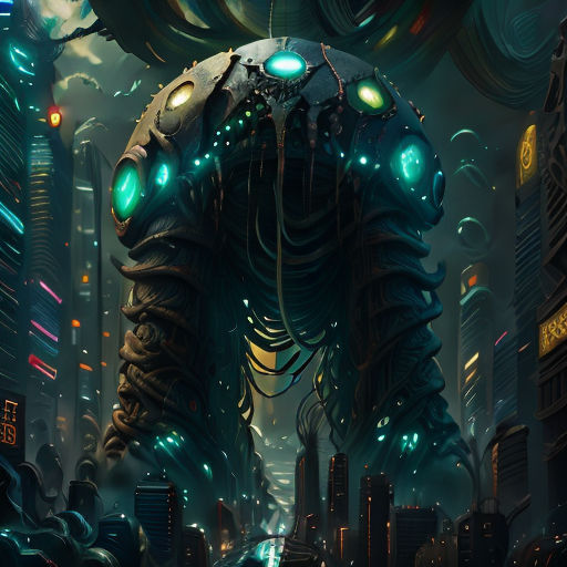 a futuristic city with a giant alien creature in the middle of it's cityscape, with a neon green light on its eyes