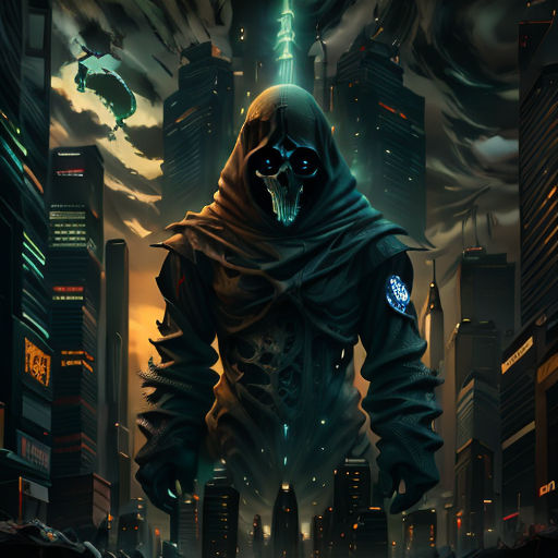 a man in a hooded suit standing in front of a city skyline with a skull on his chest and a glowing green light