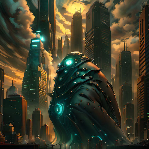a futuristic city with a giant robot in the foreground and a glowing green light in the middle of the city