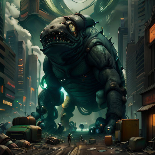 a giant creature in a city with a clock tower in the background and a man standing in the middle of the street