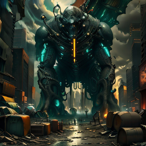 a giant creature with a huge body of water in a city street with buildings and a giant clock tower