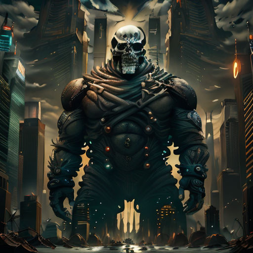 a skeleton in a futuristic city with a giant head and a giant body of armor on it's chest