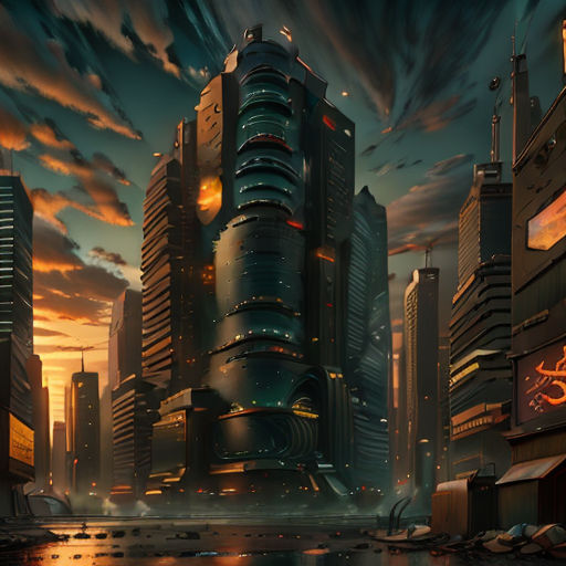 a futuristic city with a lot of tall buildings and a lot of lights on it at night time with a red light