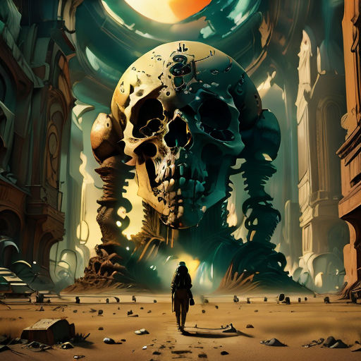 a man standing in front of a giant skull in a desert area with a giant clock in the background