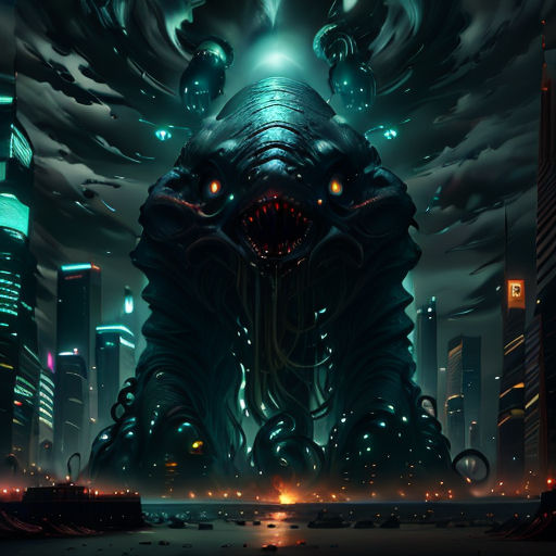 a giant alien creature in a city at night with a bright light coming from its eyes and mouth, with a city in the background