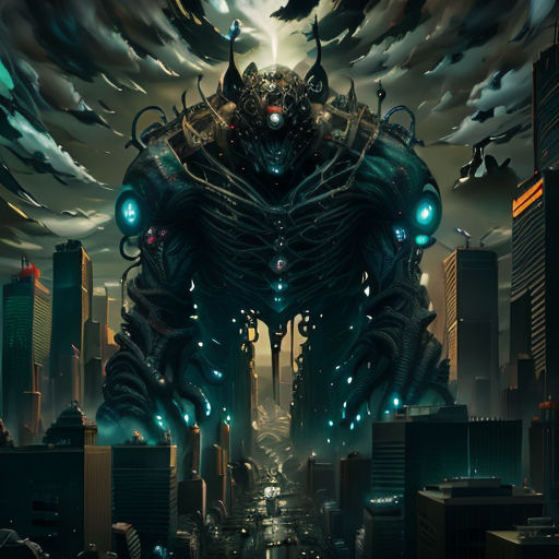 a giant monster with a huge head in the middle of a city at night with a sky background and a cityscape
