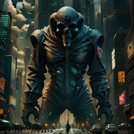 a man in a futuristic suit standing in the middle of a city street with a giant alien head on his chest