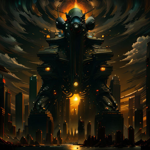 a futuristic city with a giant robot like structure in the middle of the night sky with a bright light at the top