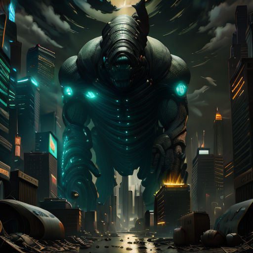 a futuristic city with a giant robot standing in the middle of the street at night with glowing eyes and a huge head