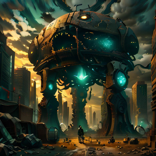 a futuristic city with a giant robot like structure in the middle of the street and a man standing in front of it