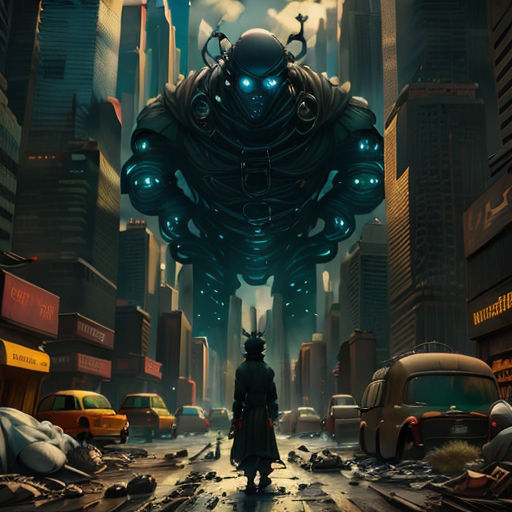 a man standing in a city with a giant octopus head above him and a giant octopus head above him