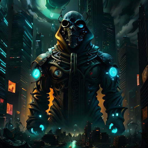 a man in a futuristic suit with glowing eyes and a gas mask on his face standing in a city