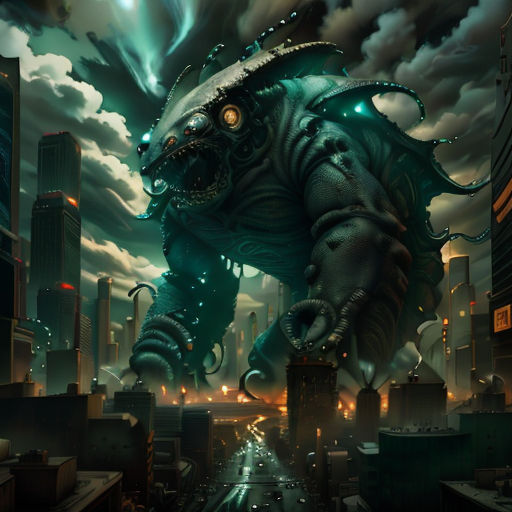 a giant creature with glowing eyes in a city at night with a cityscape in the background and a dark sky