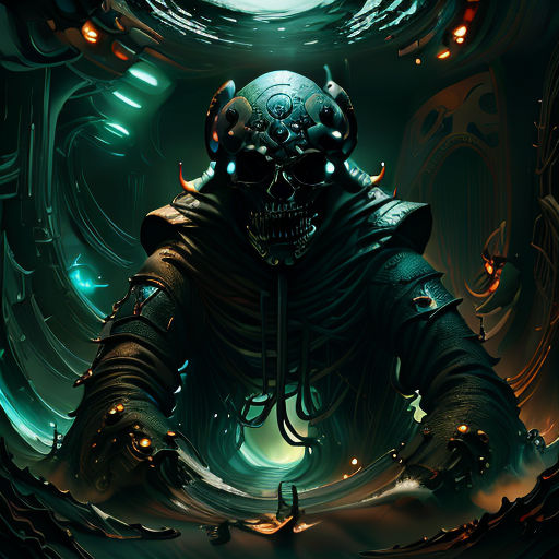 a man in a futuristic suit with a skull on his head and a glowing orb in the background, with a circular light in the middle