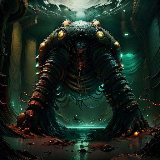 a giant creature with glowing eyes and a huge body of water in a cave with a light coming from its mouth