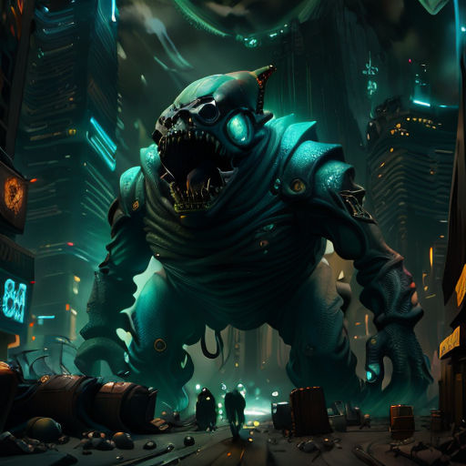 a giant monster with a huge mouth in a city at night time with people walking by it and a man in a suit