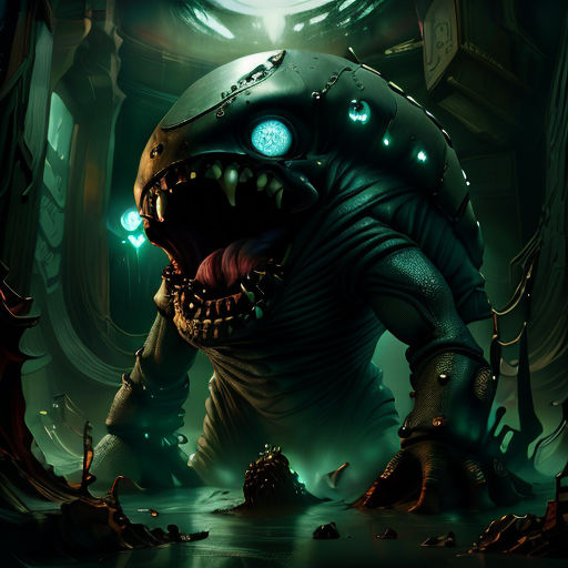 a monster with glowing eyes and a mouth full of teeth in a dark forest with a glowing light coming from its mouth