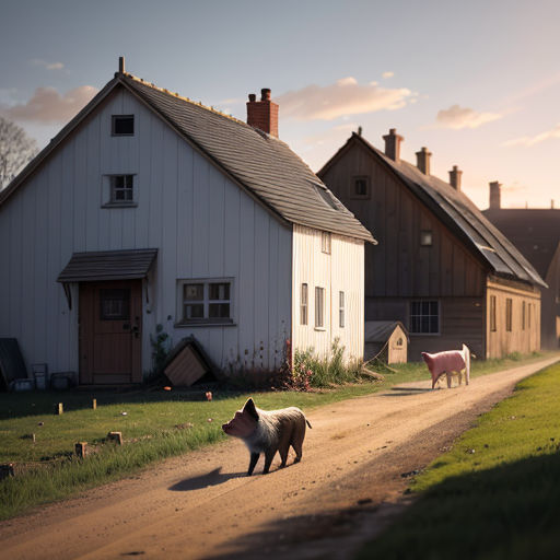 a pig is walking down a dirt road in front of a house and a pig is standing on the side of the road
