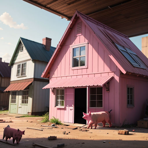 a pink house with a pig statue in front of it and a pig statue in front of it in front of a pink house