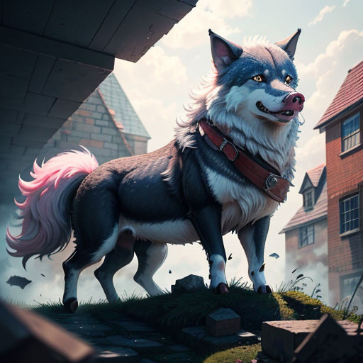 a wolf standing on top of a lush green hillside next to a building and a red brick wall with a sky background