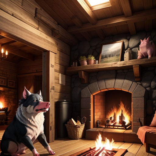 a dog sitting in front of a fire in a fireplace with a pig on the mantle and a pig on the floor
