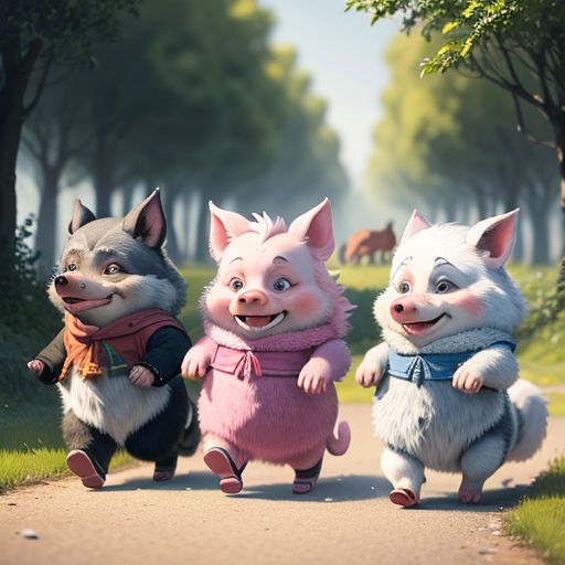three animated animals are walking down a path in a park, one is wearing a pink coat and the other is wearing a blue scarf