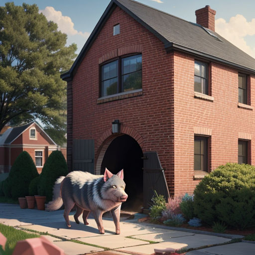 a large gray wolf standing in front of a brick house with a dog in the driveway and a cat in the doorway