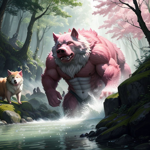 a painting of a wolf and a dog in a forest with a stream and rocks in the foreground