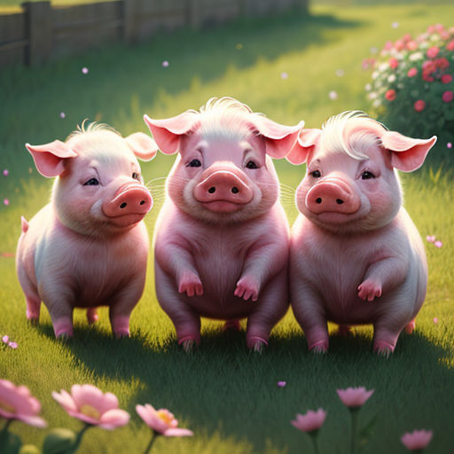 three little pigs are standing in a field of flowers and grass, with one pig looking at the camera
