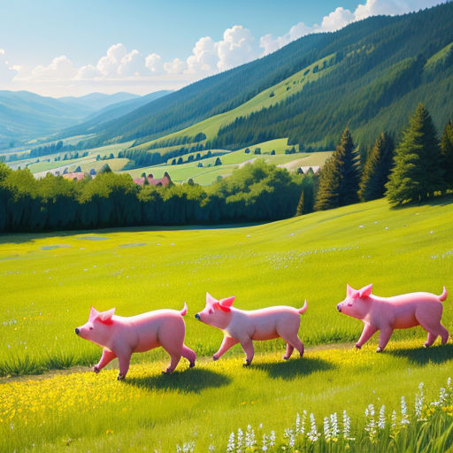 three pigs walking in a field of grass with mountains in the background and a blue sky with clouds in the distance