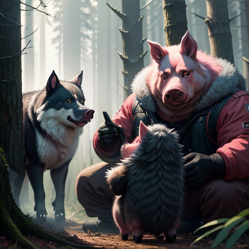 a man kneeling down next to a wolf and a dog in the woods with a forest background and a forest scene