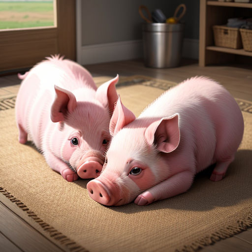 two pink pigs laying on a rug in a room with a window and a rug on the floor with a rug on it