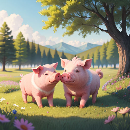 two pigs standing in a field next to a tree and flowers with mountains in the background and a blue sky