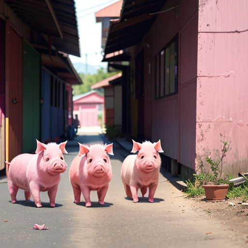 three pink pigs are standing in the middle of a street with a pink building in the background and a pink building with a pink roof