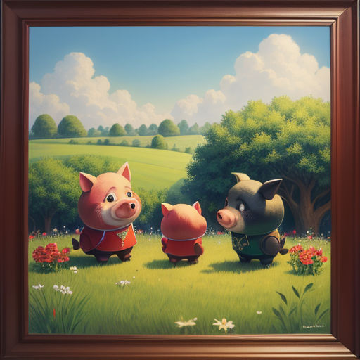 a painting of two pigs and a pig in a field with flowers and trees in the background, with a blue sky and clouds