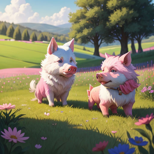 two white dogs standing in a field of flowers and grass with trees in the background and a pink flower in the foreground