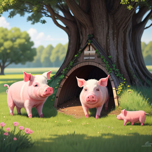 a couple of pigs standing in front of a tree with a doghouse in the background and a pig in the foreground