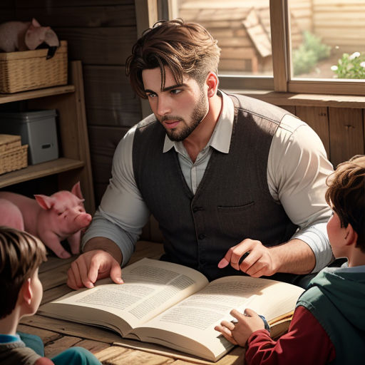 a man sitting at a table with two children and an open book in front of him and pigs in the background
