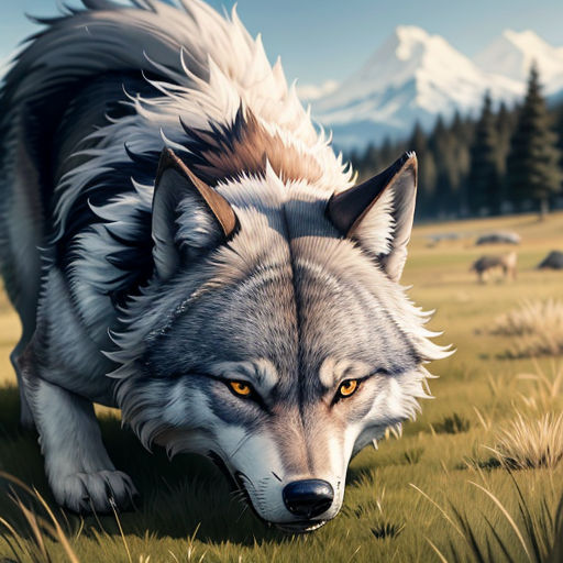 a wolf is walking through a grassy field with mountains in the background and a blue sky in the background