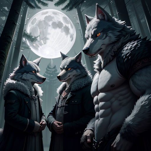 two wolfs standing in the woods with a full moon in the background and a man in a fur coat