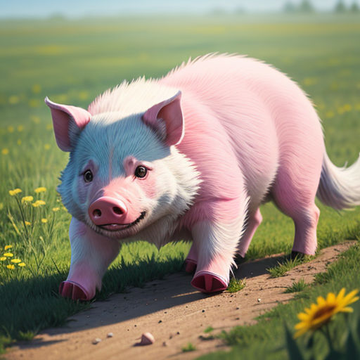 a pig is walking in a field of grass and flowers with a sunflower in the background and a blue sky