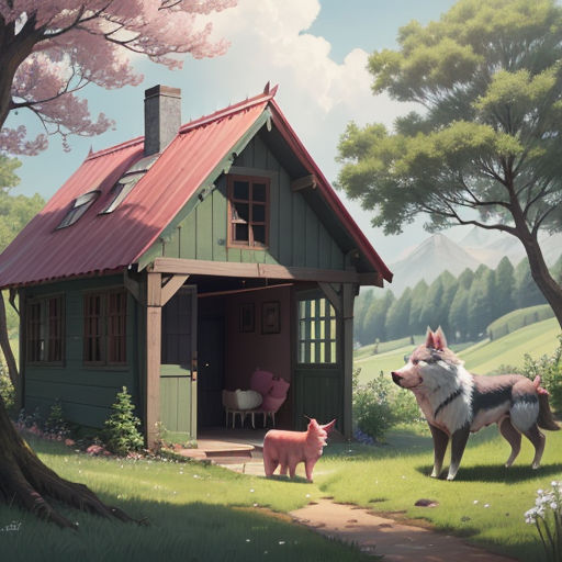 a painting of a dog and pig in a field with a house in the background and a dog standing in the grass