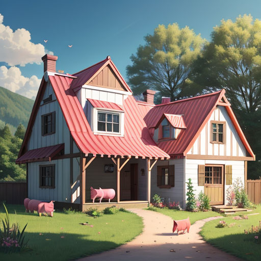 a painting of a house with pigs in the yard and a dog walking by it on a path to the front door