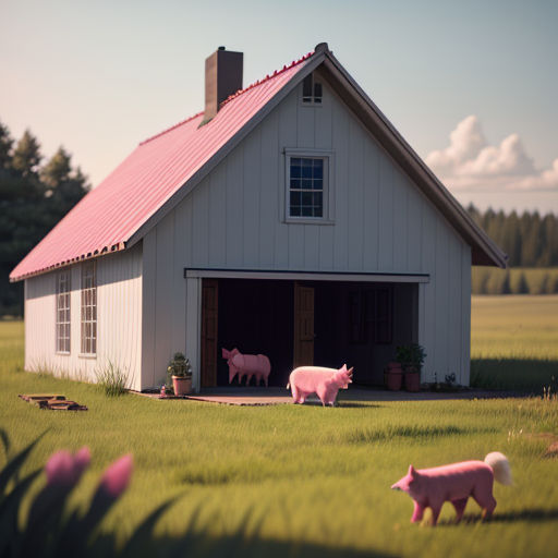 a couple of pigs are standing in a field near a barn and a house with a pink roof and a pink roof