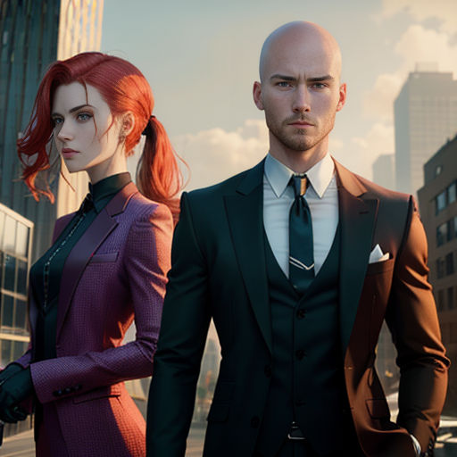 a man and a woman in suits standing in a city street, with skyscrapers in the background,