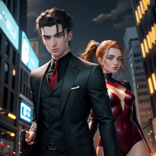 a man and a woman in a suit and tie standing in a city at night with a gun in their hand