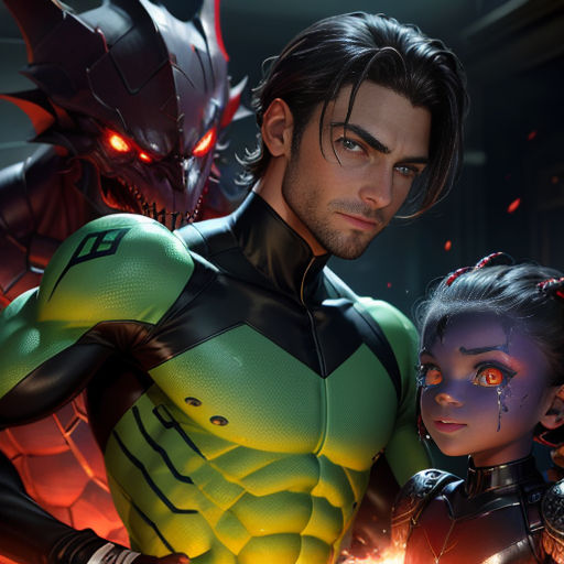 a man and a woman in a futuristic suit with demonic eyes and a demon face on their chest, standing next to each other