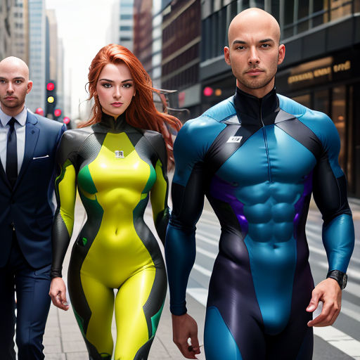 a man and woman in body suits walking down a street with a man in a suit and tie behind them