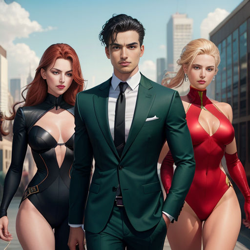 a man in a suit and two women in bodysuits walking down a street in a city with tall buildings